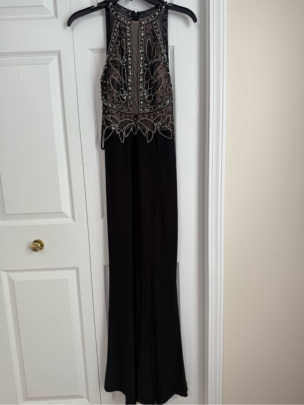 Betsy & Adam Embellished Black Halter Evening Dress
